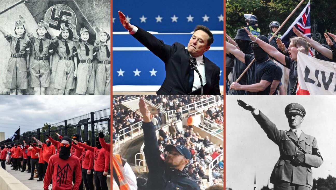 Clockwise from upper left: A woman performs a Nazi salute while at a pro-Palestinian protest; Elon Musk on Monday; Adolf Hitler; a fan at a British soccer match in 2021; neo-Nazis in Australia in 2023; members of Blood Tribe and Goyim Defense League in Florida in 2023.