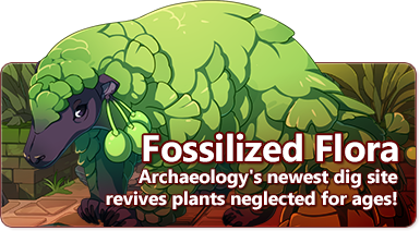 The overlaid text reads - Fossilized Flora: Archaeology's newest dig site revives plants neglected for ages! The image depicts a Ginkgolin, a pangolin-like creature with green scales that resemble Ginkgo leaves. It has a dark face and snout, and a pair of green berries hang near its chin. In the background there is the floor and plants of the greenhouse scene.