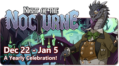  In the foreground is a grey Nocturne dragon wearing spectacles and a grim expression. He is dressed like a butler and standing right of center. Behind him, green mist swirls in a spooky looking forest. The overlaid text reads: Night of the Nocturne - December 22- January 5; A Yearly Celebration!