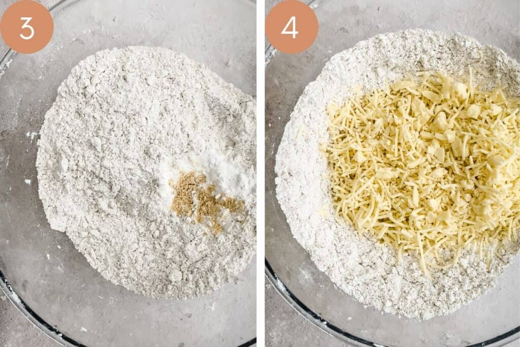 2 images of scone dough being mixed in mixing bowl