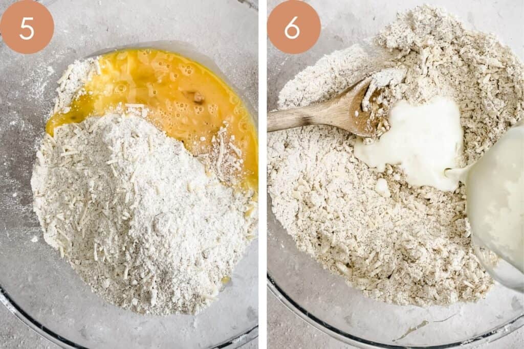 2 images of scone dough being mixed in mixing bowl