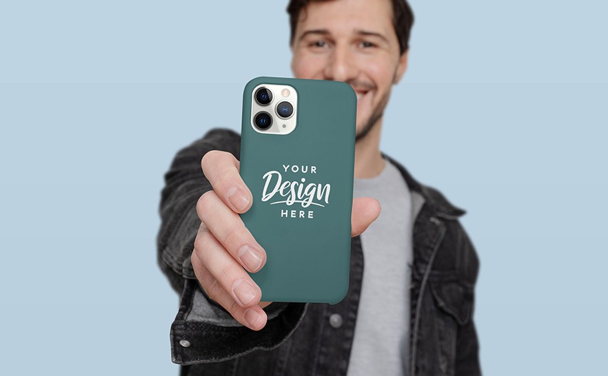 mockup of a man showing his phone case