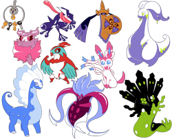 Size: 2685x2173 | Tagged: safe, artist:tommeypinkiemonkey, aegislash, aromatisse, aurorus, bird, eeveelution, fictional species, goodra, greninja, hawlucha, klefki, legendary pokémon, malamar, mammal, sylveon, zygarde, zygarde 50% forme, ambiguous form, anthro, feral, cc by-nc, creative commons, nintendo, pokémon, 2020, aliasing, ambiguous gender, blue body, flat colors, fur, green body, group, high res, key, pink body, pink fur, pixel art, shield, simple background, smiling, solo, solo ambiguous, starter pokémon, sword, tail, tentacles, tongue, tongue out, transparent background, weapon, wings