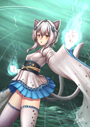 Size: 1240x1754 | Tagged: safe, artist:adsouto, koneko toujou (high school dxd), animal humanoid, cat, feline, fictional species, mammal, nekomata, humanoid, high school dxd, 2020, bottomwear, clothes, ear fluff, eared humanoid, female, fluff, kimono (clothing), legwear, magic, multiple tails, signature, skirt, solo, solo female, standing, tail, tailed humanoid, thigh highs, two tails