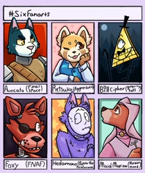 Size: 1305x1558 | Tagged: species needed, safe, alternate version, artist:rholfs_wolfs, avocato (final space), bill cipher (gravity falls), foxy (fnaf), maid marian (robin hood), retsuko (aggretsuko), animate object, animatronic, canine, demon, fictional species, fox, mammal, red fox, red panda, robot, ambiguous form, anthro, aggretsuko, disney, final space, five nights at freddy's, gravity falls, popee the performer, robin hood (disney), sanrio, 2020, :p, bow tie, bust, cane, clothes, crossover, eyepatch, female, group, kedamono (popee the performer), looking up, male, mask, one eye closed, scared, top hat, vixen, winking