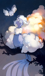 Size: 1200x2018 | Tagged: safe, artist:bluekomadori, altaria, bird, fictional species, mega altaria, mega pokémon, swablu, feral, nintendo, pokémon, 2014, ambiguous gender, beak, branch, cloud, duo, fluff, happy, looking at each other, night, on model, open mouth, scenery, signature, sitting, tail, tree