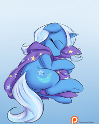 Size: 1000x1250 | Tagged: dead source, safe, artist:alasou, trixie (mlp), equine, fictional species, mammal, pony, unicorn, feral, friendship is magic, hasbro, my little pony, butt, cape, clothes, cute, eyes closed, female, gradient background, hooves, horn, mare, patreon, patreon logo, sleeping, solo, solo female, ungulate