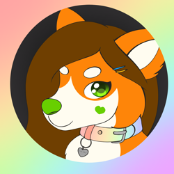 Size: 1482x1482 | Tagged: safe, artist:dyonys, oc, oc only, oc:lucky paw, canine, dog, mammal, shiba inu, ambiguous form, bust, collar, female, looking at you, name tag, rainbow, solo, solo female