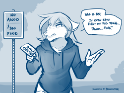 Size: 1712x1280 | Tagged: safe, artist:twokinds, natani (twokinds), canine, fictional species, keidran, mammal, wolf, anthro, twokinds, annoyed, awoo, bill, clothes, ftm transgender, gradient background, hoodie, kemono, monochrome, owo, sign, solo, speech bubble, ticket, topwear, transgender