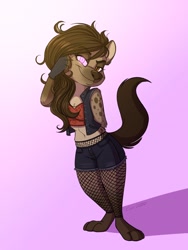 Size: 768x1024 | Tagged: safe, artist:ciderbunart, oc, oc only, oc:helena hyena, hyena, mammal, anthro, disney, zootopia, 2020, 3 toes, bottomwear, clothes, cybernetics, female, fishnet, fishnet stockings, gloves, gradient background, jacket, legwear, looking at you, paws, see-through, shorts, signature, simple background, solo, solo female, stockings, tail, topwear, zoo 52