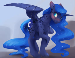 Size: 1650x1275 | Tagged: safe, artist:silfoe, princess luna (mlp), alicorn, equine, fictional species, mammal, pony, feral, friendship is magic, hasbro, my little pony, 2018, bashful, blush sticker, blushing, body freckles, butt freckles, cutie mark, digital art, ears laid back, ethereal mane, feathered wings, feathers, female, freckles, hair, hooves, horn, mare, shy, simple background, solo, solo female, spotted body, spread wings, tail, ungulate, wings