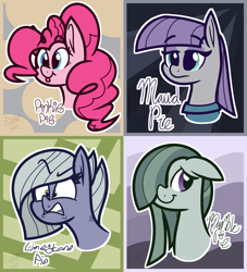 Size: 1910x2108 | Tagged: safe, artist:binkyt11, part of a set, limestone pie (mlp), marble pie (mlp), maud pie (mlp), pinkie pie (mlp), earth pony, equine, fictional species, mammal, pony, feral, friendship is magic, hasbro, my little pony, 2017, abstract background, angry, blep, double outline, english text, family, female, group, hair, hair over one eye, happy, mare, siblings, signature, sister, sisters, smiling, text, tongue, tongue out, vein