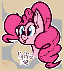 Size: 956x1055 | Tagged: safe, artist:binkyt11, part of a set, pinkie pie (mlp), earth pony, equine, fictional species, mammal, pony, feral, friendship is magic, hasbro, my little pony, 2017, :p, abstract background, blep, double outline, female, hair, happy, mare, pink hair, pink mane, signature, silly, solo, solo female, tongue, tongue out, ungulate