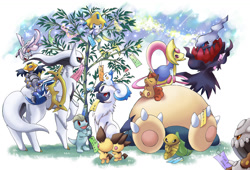 Size: 1300x882 | Tagged: safe, artist:ev133, absol, arceus, cresselia, darkrai, dialga, fictional species, giratina, heatran, jirachi, kakuna, legendary pokémon, machop, metapod, mythical pokémon, pachirisu, palkia, pichu, snorlax, vulpix, feral, nintendo, pokémon, 2010, ambiguous gender, blue eyes, blushing, cloud, colored sclera, digital art, female, flying, green sclera, group, japanese, large group, orange eyes, purple eyes, red eyes, simple background, sky, sleeping, tail, tree, white background, wings