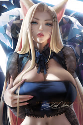 Size: 667x1000 | Tagged: suggestive, artist:sakimichan, ahri (league of legends), animal humanoid, canine, fictional species, fox, kitsune, mammal, vastaya, humanoid, league of legends, 2020, blue eyes, breasts, cleavage, female, k/da, looking at you, obtrusive watermark, signature, solo, solo female, tail, vixen, watermark