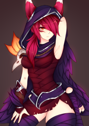 Size: 2025x2864 | Tagged: safe, artist:foxykuro, xayah (league of legends), animal humanoid, fictional species, mammal, vastaya, humanoid, league of legends, 2017, cloak, clothes, dress, female, high res, hood, solo, solo female