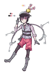 Size: 1078x1474 | Tagged: safe, artist:eeluminighty, animal humanoid, chingling, fictional species, klefki, mammal, humanoid, nintendo, pokémon, 2014, boots, bottomwear, clothes, duo, gesture, gloves, key, male, peace sign, shoes, shorts, simple background, smiling, transparent background