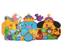 Size: 1000x850 | Tagged: safe, artist:ghinks, angel slime, box slime, bubble slime, cyber slime, dark slime, drake slime, fictional species, gem slime, healslime, king slime, mega egger, metal slime, mottle king slime, rubble slime, seaslime, she-slime, slime (dragon quest), slime knight, slime stack, tree slime, wild slime, feral, humanoid, dragon quest, square enix, 2016, ambiguous gender, armor, digital art, flying, group, knight, large group, open mouth, simple background, tail, transparent background, wings