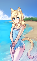 Size: 620x1024 | Tagged: safe, artist:monorus, oc, oc only, animal humanoid, cat, feline, fictional species, mammal, humanoid, 2015, beach, blue eyes, blushing, clothes, female, solo, solo female, swimsuit, tail