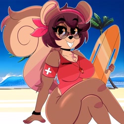 Size: 3200x3200 | Tagged: safe, artist:wirelessshiba, oc, oc only, oc:shelly (wirelessshiba), mammal, rodent, sciurid, squirrel, anthro, 2d, beach, breasts, brown eyes, chest fluff, clothes, female, fluff, glasses, high res, lifeguard, looking at you, solo, solo female, sunglasses, swimsuit