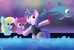 Size: 2960x2021 | Tagged: safe, artist:rainbow eevee, berry punch (mlp), sea swirl (mlp), cetacean, dolphin, earth pony, equine, fictional species, mammal, pegasus, pony, unicorn, feral, friendship is magic, hasbro, my little pony, 2d, amazed, bipedal, clothes, cute, female, grin, group, hair, high res, holding, hoof hold, hooves, horn, light, mane, mare, one-piece swimsuit, open mouth, practicing, sassaflash (mlp), smiling, swimsuit, tail, ungulate, watching, water