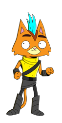 Size: 1982x3911 | Tagged: safe, alien, feline, fictional species, mammal, ventrexian, final space, boots, clothes, fur, high res, little cato (final space), male, orange body, orange fur, shoes, smiling, tail