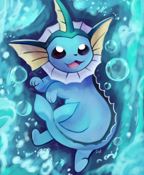 Size: 2800x3400 | Tagged: safe, artist:laizd, eeveelution, fictional species, mammal, vaporeon, feral, cc by-nc, creative commons, nintendo, pokémon, 2020, abstract background, ambiguous gender, blue body, bubbles, digital art, fins, open mouth, open smile, signature, smiling, solo, solo ambiguous, tail