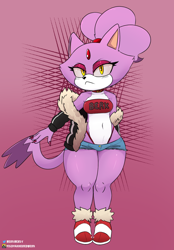 Size: 1062x1524 | Tagged: safe, artist:mildmanneredberk, blaze the cat (sonic), cat, feline, mammal, anthro, cc by-nc, creative commons, sega, sonic the hedgehog (series), 2021, :<, abstract background, belly button, black nose, bottomwear, clothes, female, frowning, fur, gradient background, hair, hair tie, jacket, lidded eyes, long tail, looking at you, midriff, nail polish, purple body, purple fur, shoes, short shorts, shorts, solo, solo female, tail, tank top, text, text on clothing, thick thighs, thighs, topwear, yellow eyes