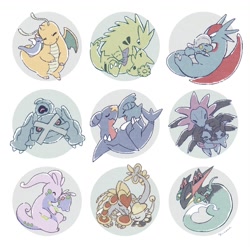 Size: 900x890 | Tagged: safe, artist:celmiu, bagon, beldum, deino, dragapult, dragonite, dratini, dreepy, fictional species, garchomp, gible, goodra, goomy, hydreigon, kommo-o, larvitar, metagross, salamence, tyranitar, feral, nintendo, pokémon, 2022, 2d, ambiguous gender, ambiguous only, group, jangmo-o