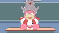 Size: 1920x1080 | Tagged: safe, artist:drunk_oak, fictional species, slowking, semi-anthro, nintendo, pokémon, 2022, bedroom eyes, chalkboard, classroom, digital art, glasses, indoors, looking at you, round glasses, scales, shell, table