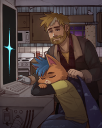 Size: 1080x1350 | Tagged: safe, artist:kennymayovo, alien, feline, fictional species, human, mammal, ventrexian, anthro, final space, 2021, alternate universe, beard, blanket, blonde hair, clothes, cybernetic arm, facial hair, fur, gary goodspeed (final space), hair, little cato (final space), male, orange body, orange fur, shirt, sleeping, topwear