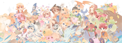 Size: 2105x751 | Tagged: safe, artist:vav, hikari kamiya (digimon), izzy izumi (digimon), joe kido (digimon), mimi tachikawa (digimon), sora takenouchi (digimon), taichi kamiya (digimon), takeru takaishi (digimon), yamato ishida (digimon), agumon, angemon, animal humanoid, arthropod, bird, birdramon, biyomon, canine, chuumon, deramon, dinosaur, elecmon, elemental creature, feline, fictional species, flora fauna, frigimon, gabumon, garurumon, gatomon, gekomon, gomamon, gotsumon, greymon, human, hybrid, ikkakumon, insect, kabuterimon, koromon, leomon, mammal, meramon, monzaemon, motimon, numemon, nyaromon, ogremon, otamamon, palmon, patamon, pumpkinmon, reptile, tanemon, tentomon, theropod, togemon, tokomon, tsunomon, whamon, wizardmon, yokomon, feral, humanoid, bandai namco, digimon, 2015, ambiguous gender, andromon, animal skin, animate inanimate, anklet, armor, blonde hair, blue eyes, brown hair, bukamon, centarumon, clothes, digidestined, digimon (species), ears, eyes closed, feathered wings, feathers, female, flower, footwear, fur, gloves, green eyes, group, hair, handwear, hat, head wings, headgear, headwear, helmet, hoodie, horn, jewelry, large group, long ears, looking at you, male, marine, membrane (anatomy), mythological avian, mythological firebird, mythology, one eye closed, plant, plushie, ring, scarf, shoes, simple background, sleeping, sukamon, topwear, webbed wings, white background, white body, white fur, wings, winking