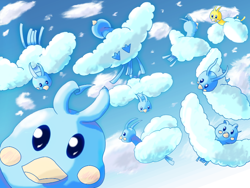 Size: 800x600 | Tagged: safe, artist:nobumash, altaria, bird, fictional species, shiny pokémon, feral, nintendo, pokémon, 2011, beak, cloud, cloudy, feathers, flying, group, looking at you, sky, spread wings, tail, tail feathers, wings