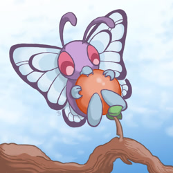 Size: 800x800 | Tagged: safe, artist:rikkoshaye, butterfree, fictional species, feral, nintendo, pokémon, 2009, 2d, ambiguous gender, cherry, eating, food, fruit, plant, solo, solo ambiguous, tree