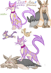 Size: 827x1184 | Tagged: safe, artist:hawkfire45, oc, oc:isis, oc:max, fictional species, liepard, purrloin, stoutland, feral, nintendo, pokémon, 2014, annoyed, blushing, bullying, childhood friends, dominant, dominant female, duo, female, lilipup, male, male/female, mischievous, on top of, playful, shipping, tsundere