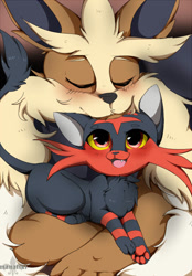 Size: 600x860 | Tagged: safe, artist:manatiki, fictional species, litten, stoutland, feral, nintendo, pokémon, pokémon sun and moon, 2017, close-up, commission, cute, duo, duo male, embrace, eyes closed, father, father and child, father and son, feels, fluff, happy, looking up, male, males only, pokémon anime, son, starter pokémon