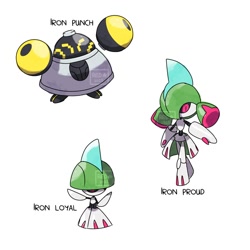 Size: 2000x2000 | Tagged: safe, artist:red_brb, fakemon, fictional species, kirlia, makuhita, ralts, robot, nintendo, pokémon, future pokémon, genderless, group, paradox pokémon, simple background, trio, white background