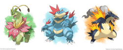 Size: 1024x423 | Tagged: safe, artist:tomycase, fakemon, feraligatr, fictional species, meganium, typhlosion, feral, nintendo, pokémon, 2013, ambiguous gender, fake evolution, group, mega evolution, simple background, starter pokémon, trio, white background