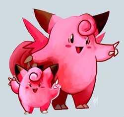 Size: 647x611 | Tagged: safe, artist:spacesmilodon, clefable, clefairy, fictional species, feral, nintendo, pokémon, 2014, 2d, ambiguous gender, ambiguous only, duo, duo ambiguous, gray background, signature, simple background