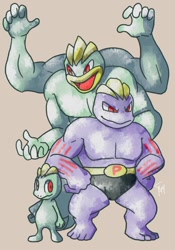 Size: 470x670 | Tagged: safe, artist:spacesmilodon, fictional species, machamp, machoke, machop, feral, nintendo, pokémon, 2014, 2d, ambiguous gender, ambiguous only, group, signature, simple background, tan background, trio, trio ambiguous