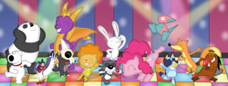 Size: 3533x1338 | Tagged: safe, artist:porygon2z, bluey heeler (bluey), brian griffin (family guy), daggett doofus beaver (the angry beavers), disco bear (htf), king (the owl house), max (sam & max), pinkie pie (mlp), spyro the dragon (spyro), swiper (dora the explorer), zazu (the lion king), australian cattle dog, bear, beaver, bird, canine, dog, dragon, earth pony, equine, fictional species, fox, hornbill, lagomorph, mammal, panda, pony, porygon, procyonid, rabbit, raccoon, red fox, rodent, western dragon, anthro, feral, semi-anthro, bluey (series), disney, dora the explorer, family guy, friendship is magic, hasbro, my little pony, nick jr., nickelodeon, nintendo, pokémon, sam & max, spyro the dragon (series), the angry beavers, the lion king, the owl house, we bare bears, 2023, 2d, activision, bone, broken horn, collar, crossover, dancing, eyes closed, female, group, horn, horns, large group, male, mare, on model, panda (we bare bears), pb&j otter, puppy, scootch raccoon (pb&j otter), skull, smiling, titan, ungulate, wall of tags, young