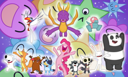 Size: 800x486 | Tagged: safe, artist:porygon2z, bluey heeler (bluey), brian griffin (family guy), daggett doofus beaver (the angry beavers), king (the owl house), max (sam & max), pinkie pie (mlp), spyro the dragon (spyro), swiper (dora the explorer), zazu (the lion king), australian cattle dog, bear, beaver, bird, canine, dog, dragon, earth pony, equine, fictional species, fox, hornbill, lagomorph, mammal, panda, pony, porygon, procyonid, rabbit, raccoon, red fox, rodent, western dragon, anthro, feral, semi-anthro, bluey (series), disney, dora the explorer, family guy, friendship is magic, hasbro, my little pony, nick jr., nickelodeon, nintendo, pokémon, sam & max, spyro the dragon (series), the angry beavers, the lion king, the owl house, we bare bears, 2023, 2d, activision, beak, bipedal, bone, broken horn, collar, crossover, eyes closed, female, happy, horn, horns, male, mare, on model, open beak, open mouth, open smile, panda (we bare bears), pb&j otter, pet tag, puppy, scootch raccoon (pb&j otter), skull, smiling, standing, titan, ungulate, young