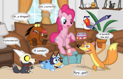 Size: 1111x719 | Tagged: safe, artist:porygon2z, bluey heeler (bluey), daggett doofus beaver (the angry beavers), king (the owl house), pinkie pie (mlp), swiper (dora the explorer), zazu (the lion king), australian cattle dog, beaver, bird, canine, dog, earth pony, equine, fictional species, fox, hornbill, mammal, pony, porygon, red fox, rodent, feral, semi-anthro, bluey (series), disney, dora the explorer, friendship is magic, hasbro, my little pony, nick jr., nickelodeon, nintendo, pokémon, the angry beavers, the lion king, the owl house, 2023, 2d, bone, broken horn, card, charade, collar, couch, crossover, dialogue, english text, female, group, horn, horns, lamp, male, mare, on model, open mouth, open smile, puppy, sitting, skull, smiling, speech bubble, talking, text, titan, ungulate, young