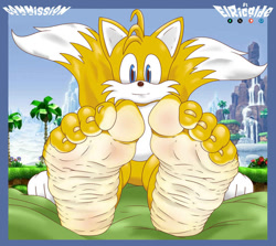 Size: 827x738 | Tagged: safe, artist:lovelyxparasite, miles "tails" prower (sonic), canine, fictional species, fox, mammal, mobian, red fox, anthro, plantigrade anthro, sega, sonic the hedgehog (series), barefoot, ears, feet, fetish, foot fetish, foot focus, human feet, multiple tails, soles, tail, toes