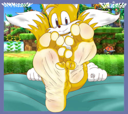 Size: 827x738 | Tagged: safe, artist:lovelyxparasite, miles "tails" prower (sonic), canine, fictional species, fox, mammal, mobian, red fox, anthro, plantigrade anthro, sega, sonic the hedgehog (series), barefoot, feet, fetish, foot fetish, foot focus, green hill zone, human feet, multiple tails, soles, tail, toes