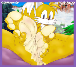 Size: 947x844 | Tagged: safe, artist:lovelyxparasite, miles "tails" prower (sonic), canine, fictional species, fox, mammal, mobian, red fox, anthro, plantigrade anthro, sega, sonic the hedgehog (series), barefoot, feet, fetish, foot fetish, foot focus, human feet, multiple tails, soles, tail, toes