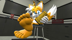 Size: 1192x670 | Tagged: safe, artist:theinternaut, miles "tails" prower (sonic), canine, fictional species, fox, mammal, mobian, red fox, anthro, plantigrade anthro, sega, sonic the hedgehog (series), 3d, barefoot, digital art, feet, fetish, foot fetish, foot focus, human feet, male, multiple tails, ring, soles, solo, solo male, tail, toe ring, toes