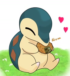 Size: 1308x1416 | Tagged: safe, artist:sarent_stuff, cyndaquil, fictional species, feral, nintendo, pokémon, 2024, ambiguous gender, black nose, digital art, ears, eating, eyes closed, food, fur, onigiri, simple background, solo, solo ambiguous, starter pokémon, tail, white background