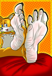 Size: 828x1211 | Tagged: safe, artist:lovelyxparasite, miles "tails" prower (sonic), canine, fictional species, fox, mammal, mobian, red fox, anthro, plantigrade anthro, sega, sonic the hedgehog (series), 2024, barefoot, feet, fetish, foot fetish, foot focus, human feet, soles, toes