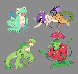 Size: 1819x1737 | Tagged: safe, artist:dondedun, oc, oc only, amphibian, animate plant, cheetah, chimera, dryad, feline, fictional species, fish, frog, hybrid, mammal, monster, anthro, humanoid, 2024, bat wings, breasts, corpse flower, featureless breasts, female, females only, gills, gray background, green scales, green skin, grinning at you, group, hair, holding, holding object, holding spear, holding weapon, horizontal pupils, looking at you, purple hair, sahagin, scales, sharp teeth, simple background, skin, small breasts, snake tail, spear, tail, tail head, teeth, tongue, tongue out, weapon, webbed wings, wings, yellow eyes